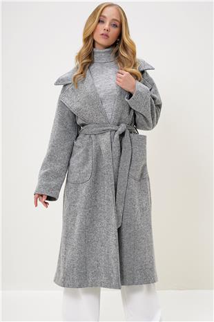 Kadın Gri-Kırçıllı Ceket Yaka Torba Cepli İçi Astarlı Kuşak Bağlamalı Kaşe Kaban ALC-X13274