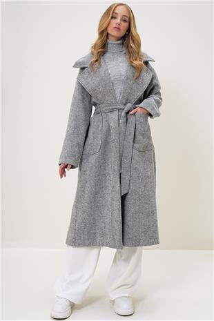 Kadın Gri-Kırçıllı Ceket Yaka Torba Cepli İçi Astarlı Kuşak Bağlamalı Kaşe Kaban ALC-X13274