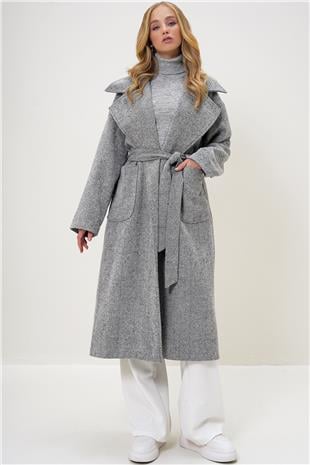 Kadın Gri-Kırçıllı Ceket Yaka Torba Cepli İçi Astarlı Kuşak Bağlamalı Kaşe Kaban ALC-X13274
