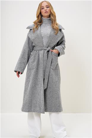 Kadın Gri-Kırçıllı Ceket Yaka Torba Cepli İçi Astarlı Kuşak Bağlamalı Kaşe Kaban ALC-X13274