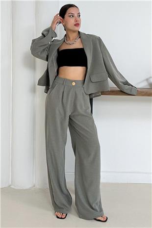 Kadın Haki Cep Aksesuarlı Crop Ceket Ve Çift Cepli Pantolon Takım VS01254