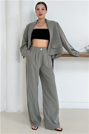 Kadın Haki Cep Aksesuarlı Crop Ceket Ve Çift Cepli Pantolon Takım VS01254