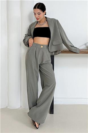 Kadın Haki Cep Aksesuarlı Crop Ceket Ve Çift Cepli Pantolon Takım VS01254