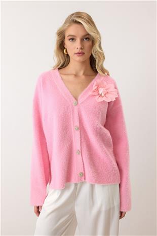 Kadın Pembe Çiçek Aksesuarlı Düğme Kapamalı Derin V Yaka Hırka VS00912