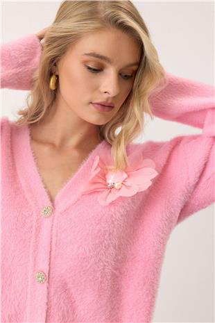 Kadın Pembe Çiçek Aksesuarlı Düğme Kapamalı Derin V Yaka Hırka VS00912