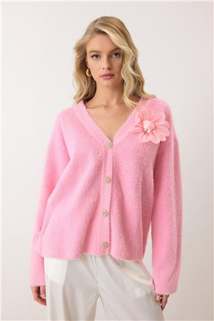 Kadın Pembe Çiçek Aksesuarlı Düğme Kapamalı Derin V Yaka Hırka VS00912
