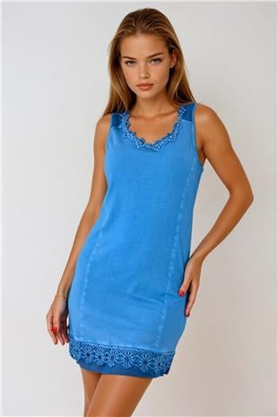 Kadın Mavi Çiçek Dantel Detaylı Kolsuz U Yaka Mini Elbise VS00907