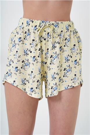 Kadın Tereyağı Sarısı Çiçek Desenli Bisiklet Yaka Pamuklu T-Shırt Veşortlu Pijama Takımı PJM-X13906