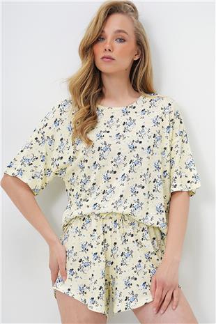 Kadın Tereyağı Sarısı Çiçek Desenli Bisiklet Yaka Pamuklu T-Shırt Veşortlu Pijama Takımı PJM-X13906