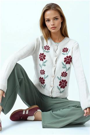 Kadın Bordo Çiçek Desenli Düğmeli Triko Hırka VS01047