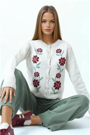 Kadın Bordo Çiçek Desenli Düğmeli Triko Hırka VS01047