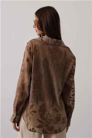 Kadın Kahve Çiçek Desenli Transparan Dokulu Oversize Uzun Kollu Gömlek VS01135