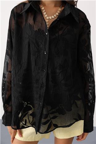 Kadın Siyah Çiçek Desenli Transparan Dokulu Oversize Uzun Kollu Gömlek VS01135