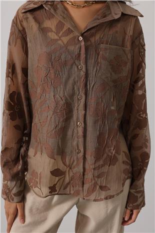 Kadın Kahve Çiçek Desenli Transparan Dokulu Oversize Uzun Kollu Gömlek VS01135