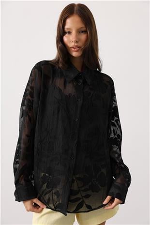 Kadın Siyah Çiçek Desenli Transparan Dokulu Oversize Uzun Kollu Gömlek VS01135