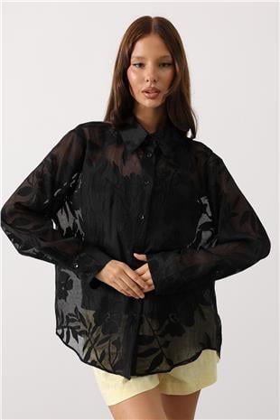 Kadın Siyah Çiçek Desenli Transparan Dokulu Oversize Uzun Kollu Gömlek VS01135