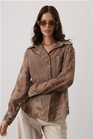 Kadın Kahve Çiçek Desenli Transparan Dokulu Oversize Uzun Kollu Gömlek VS01135