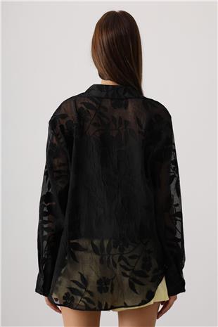 Kadın Siyah Çiçek Desenli Transparan Dokulu Oversize Uzun Kollu Gömlek VS01135