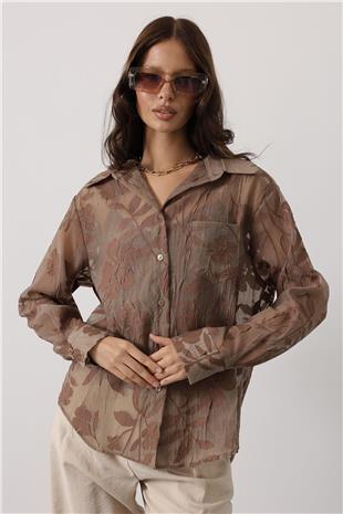 Kadın Kahve Çiçek Desenli Transparan Dokulu Oversize Uzun Kollu Gömlek VS01135