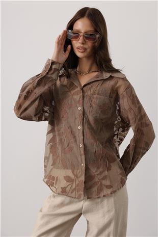 Kadın Kahve Çiçek Desenli Transparan Dokulu Oversize Uzun Kollu Gömlek VS01135