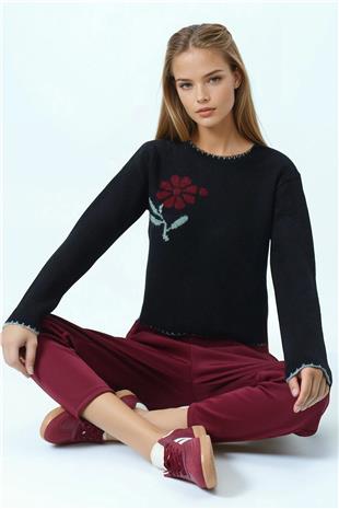 Kadın Siyah Çiçek Detaylı Bsiklet Yaka Triko Hırka VS01065