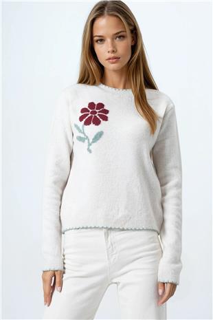 Kadın Taş Çiçek Detaylı Bsiklet Yaka Triko Hırka VS01065