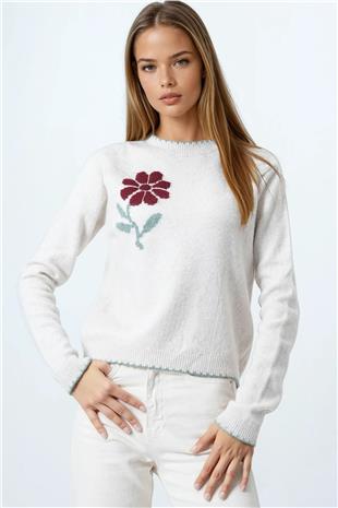 Kadın Taş Çiçek Detaylı Bsiklet Yaka Triko Hırka VS01065