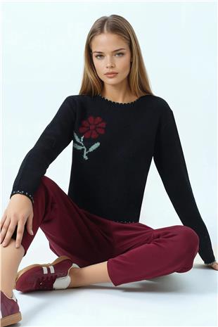 Kadın Siyah Çiçek Detaylı Bsiklet Yaka Triko Hırka VS01065