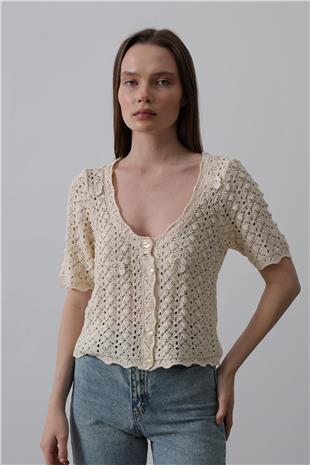 Kadın Ekru Çiçek Detaylı Düğmeli Triko VS00461