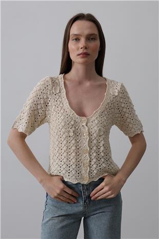 Kadın Ekru Çiçek Detaylı Düğmeli Triko VS00461