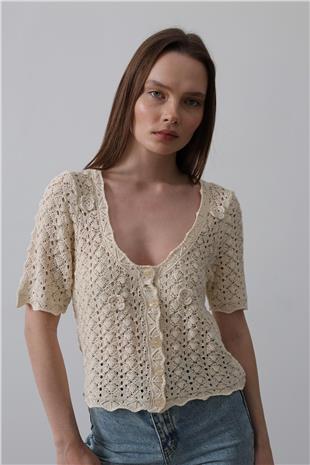 Kadın Ekru Çiçek Detaylı Düğmeli Triko VS00461