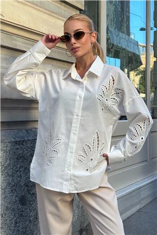 Kadın Beyaz Çiçek Motifli Premium Gömlek VS00730