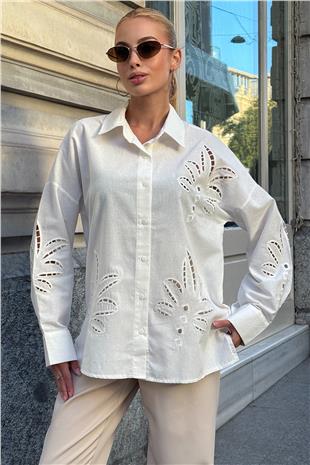 Kadın Beyaz Çiçek Motifli Premium Gömlek VS00730