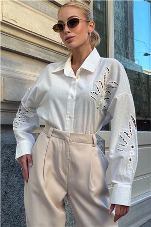 Kadın Beyaz Çiçek Motifli Premium Gömlek VS00730