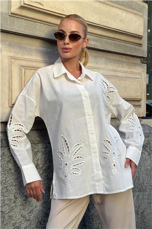 Kadın Beyaz Çiçek Motifli Premium Gömlek VS00730