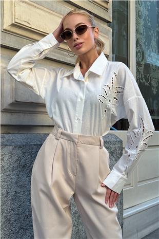 Kadın Beyaz Çiçek Motifli Premium Gömlek VS00730