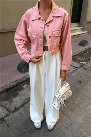 Kadın Pudra Çif Cepli Düğme Kapamalı Crop Denim Ceket VS00980