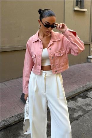 Kadın Pudra Çif Cepli Düğme Kapamalı Crop Denim Ceket VS00980