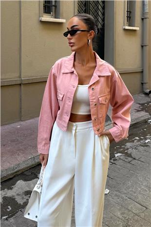 Kadın Pudra Çif Cepli Düğme Kapamalı Crop Denim Ceket VS00980