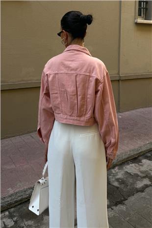 Kadın Pudra Çif Cepli Düğme Kapamalı Crop Denim Ceket VS00980
