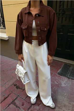 Kadın Kahverengi Çif Cepli Düğme Kapamalı Crop Denim Ceket VS00980