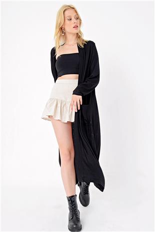 Kadın Siyah Çift Cep Maxı Boy Viscon Hırka ALC-X4865