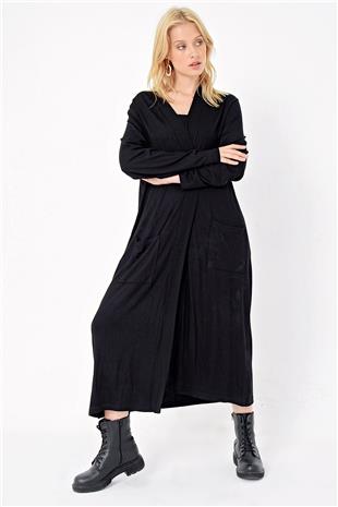 Kadın Siyah Çift Cep Maxı Boy Viscon Hırka ALC-X4865