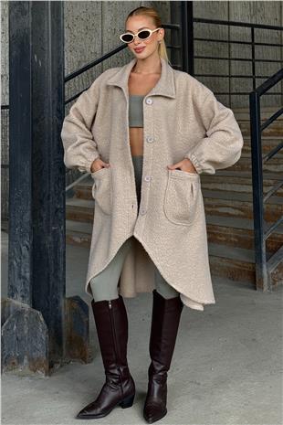 Kadın Bej Çift Cepli Asimetrik Kesim Düğme Kapamalı Astarsız Kaban VS01285