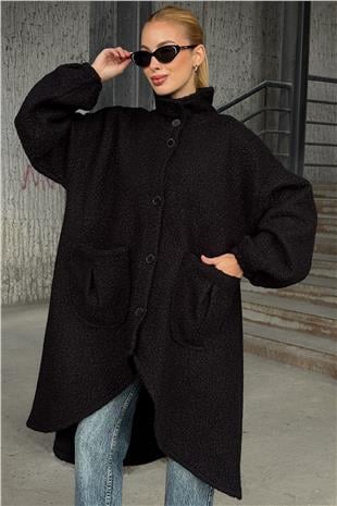 Kadın Siyah Çift Cepli Asimetrik Kesim Düğme Kapamalı Kaşe Kaban VS01285