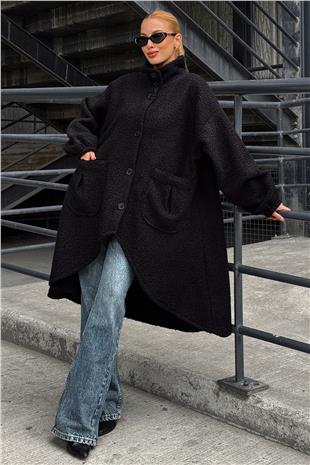 Kadın Siyah Çift Cepli Asimetrik Kesim Düğme Kapamalı Kaşe Kaban VS01285