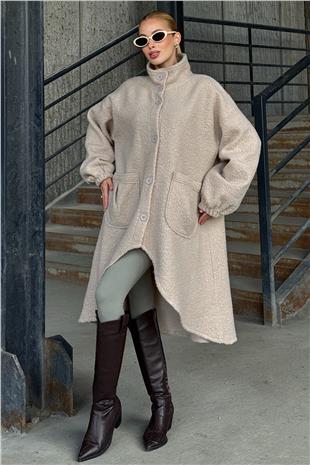 Kadın Bej Çift Cepli Asimetrik Kesim Düğme Kapamalı Astarsız Kaban VS01285