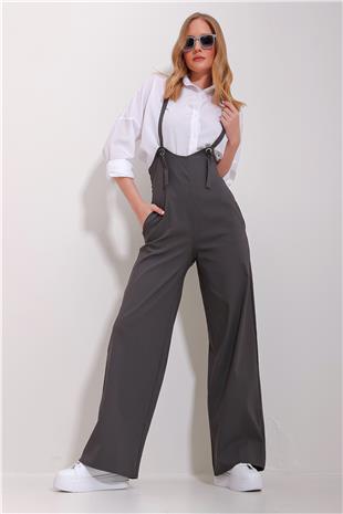 Kadın Antrasit Çift Cepli Askılı Likralı Salopet Tulum ALC-X11539