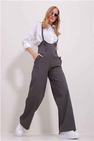 Kadın Antrasit Çift Cepli Askılı Likralı Salopet Tulum ALC-X11539