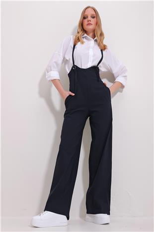 Kadın Lacivert Çift Cepli Askılı Likralı Salopet Tulum ALC-X11539